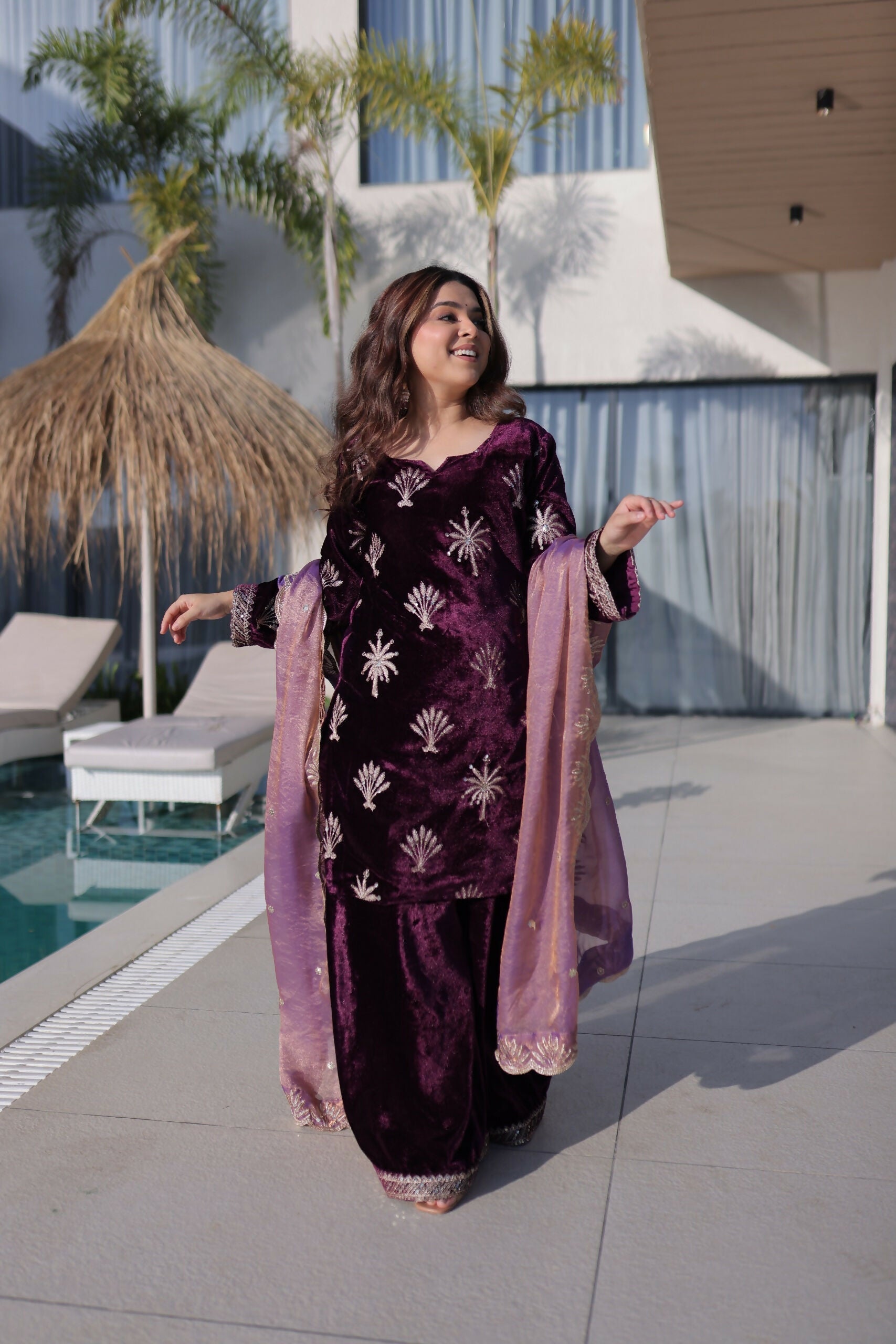 Joban Fashion Maroon Kurta Set Velvet Embroidery Sequence Work | Grocsy