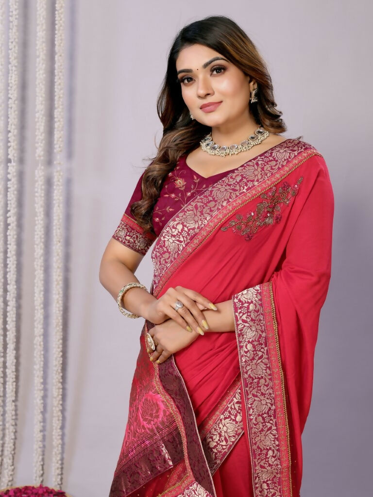 Pink Dual Tone Silk Georgette Thread Zari And Cord Embroidery Handwork Butta Saree - Norita Saumya | Grocsy