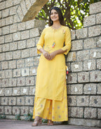 Kaajh Women's Yellow Embroidery Kurta Sharara Set | Grocsy