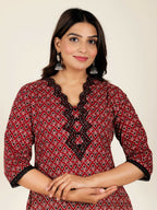 Aramya Straight Soft Cotton Geometric Print Women's Kurta - Red | Grocsy
