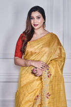 Morchari Yellow Kota Check Zari Embroidery Saree Unstitched Blouse | Grocsy
