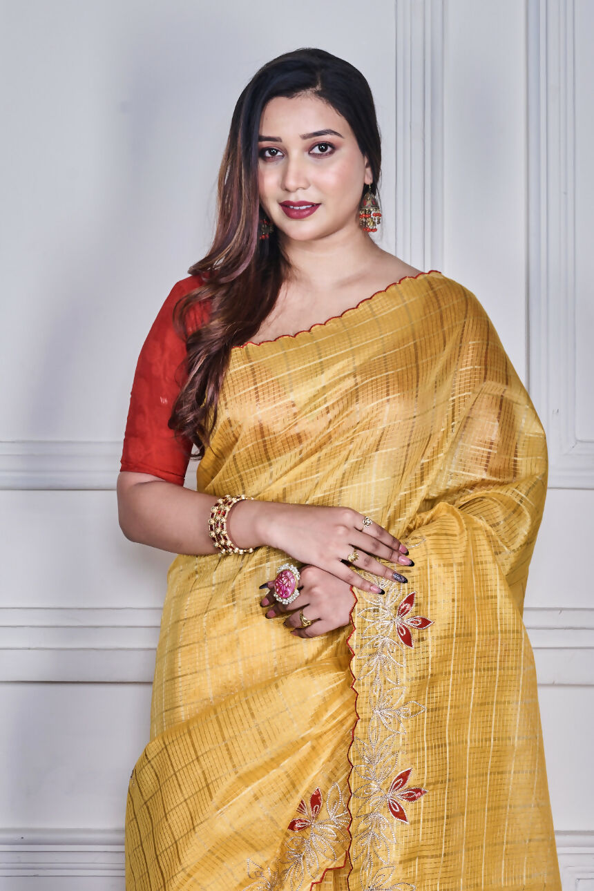 Morchari Yellow Kota Check Zari Embroidery Saree Unstitched Blouse | Grocsy