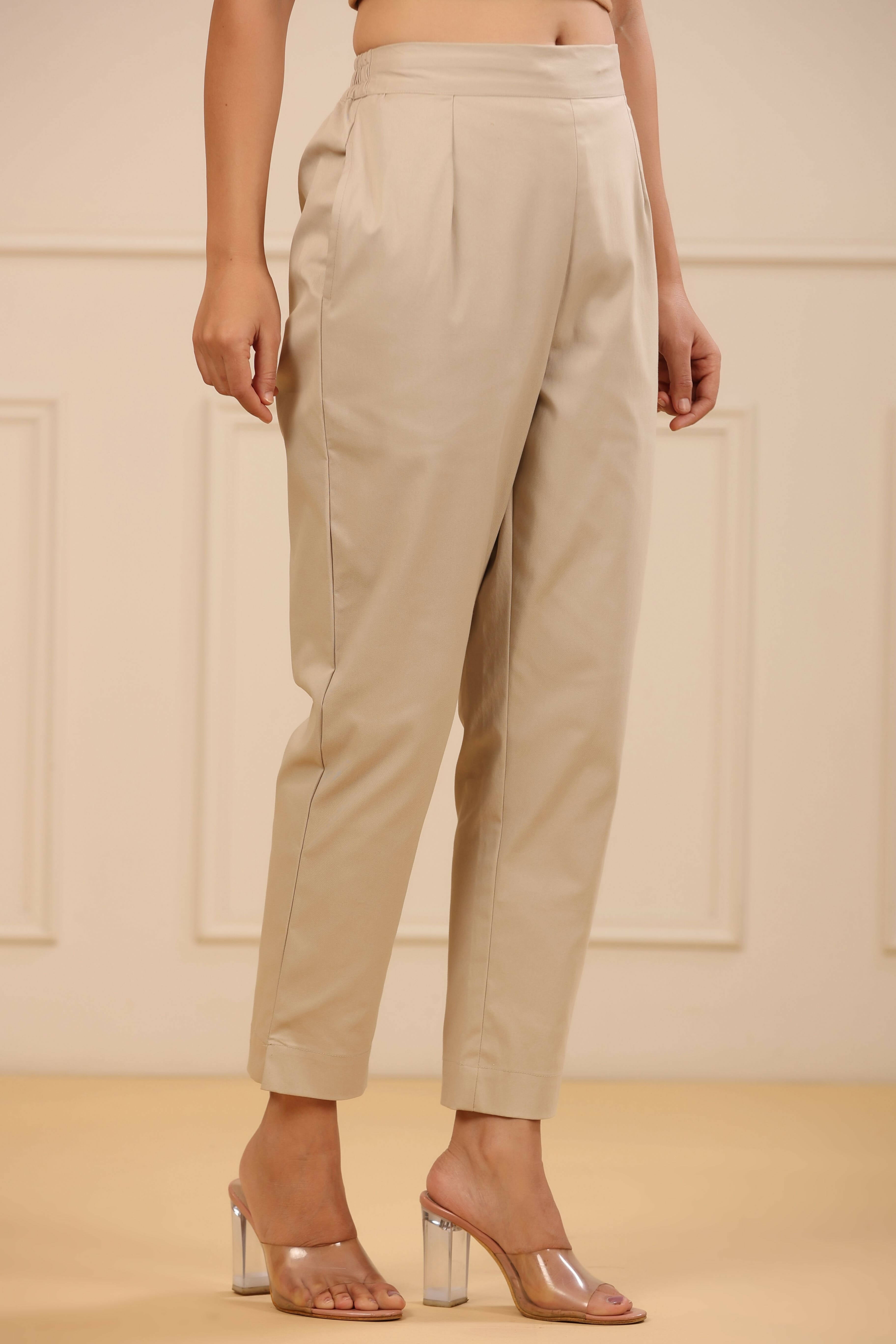Juniper Women's Beige Cotton Spendex Solid Straight Pant | Grocsy