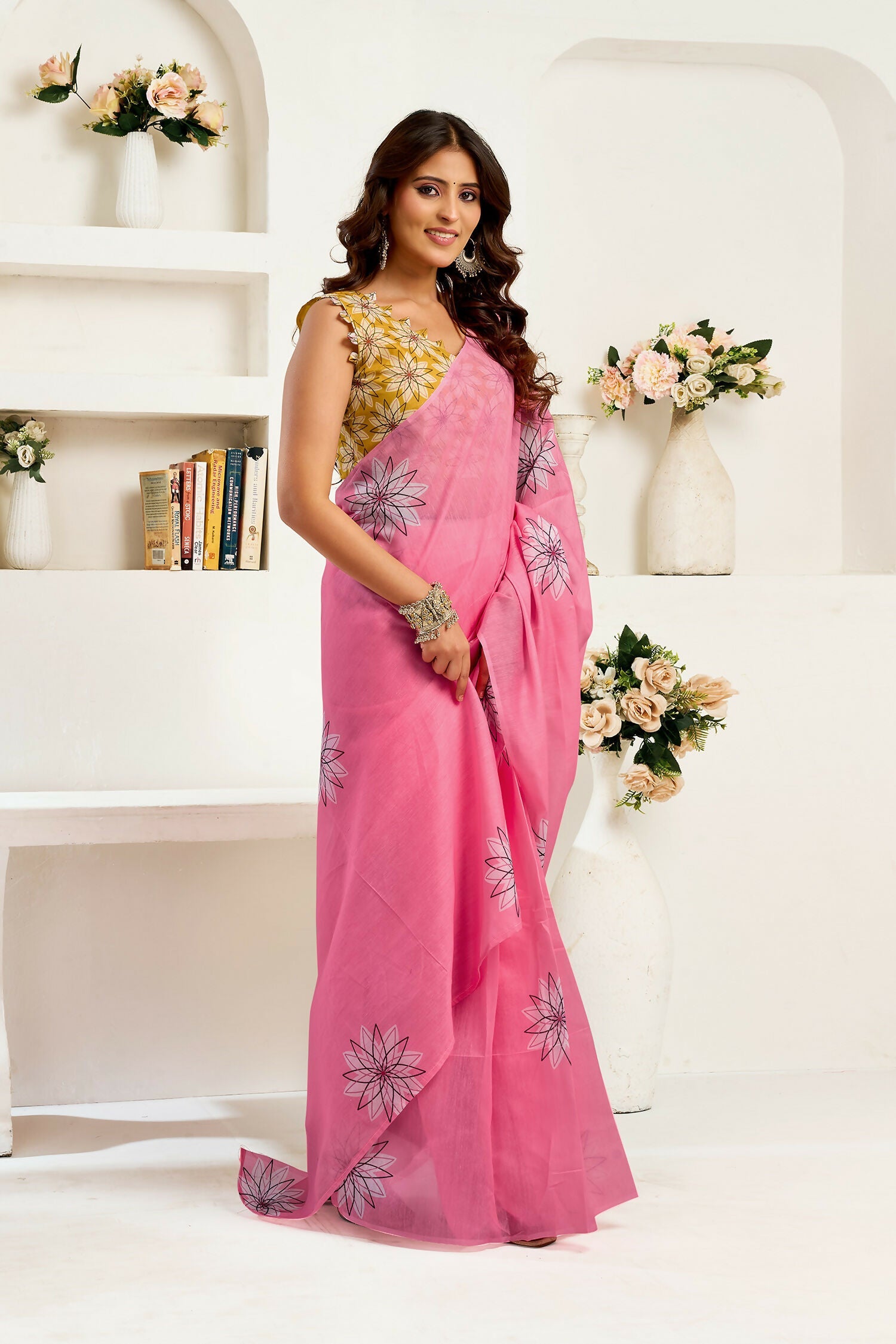 Joban Fashion Baby Pink Geomatric Linen Ready To Wear Saree With Unstitched Blouse | Grocsy