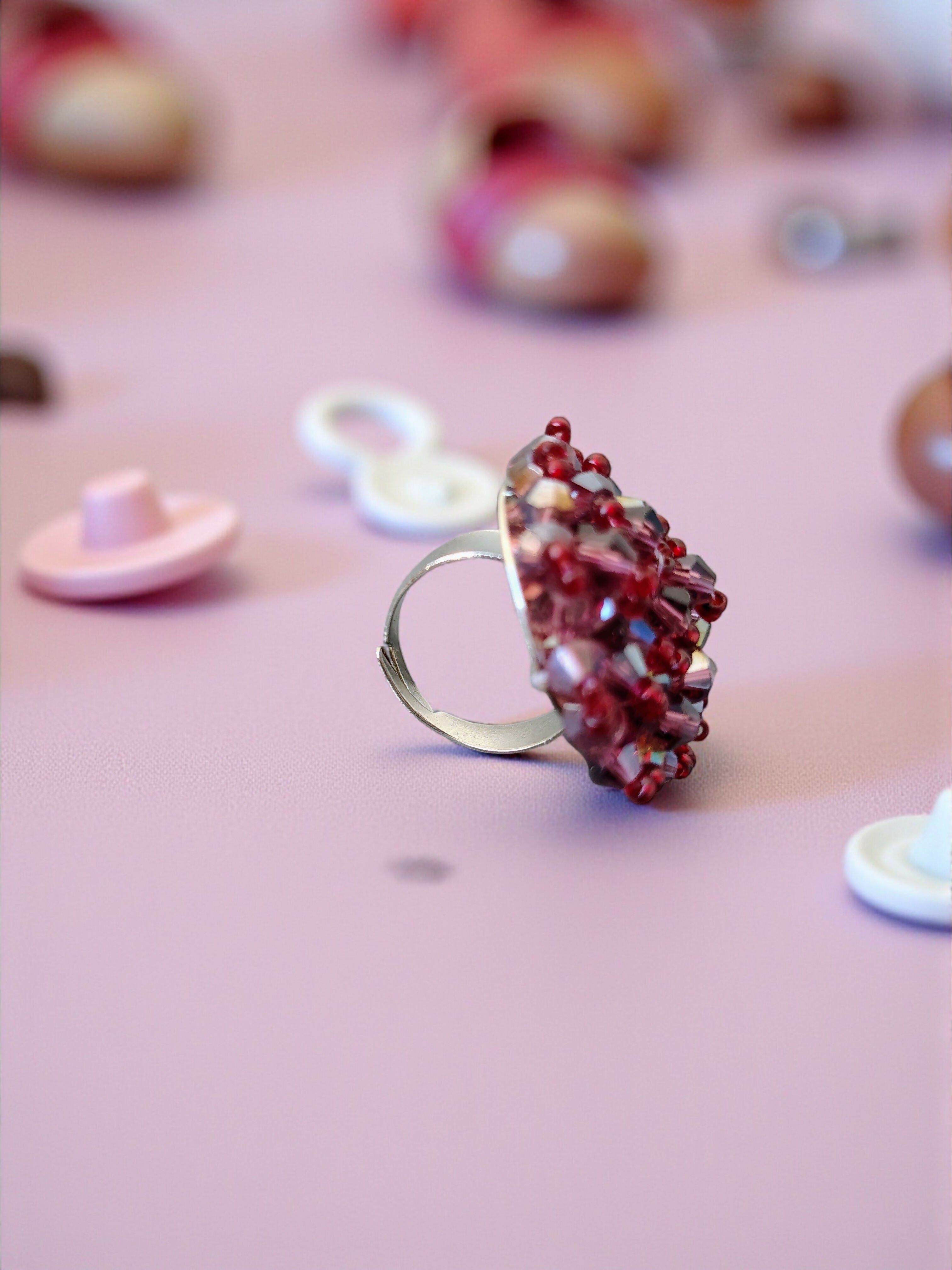 Inhanns Rang-E-Roshan Adjustable Ring – Handmade Crystal Statement Ring - Maroon 1 | Grocsy