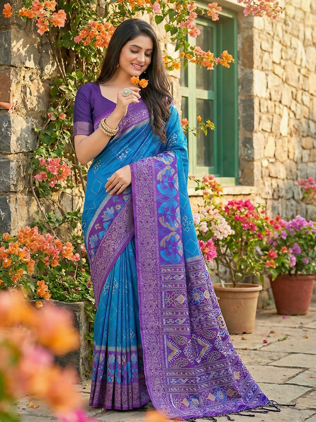Shree Shyam Fashion Blue Pochampally Silk Saree | Grocsy