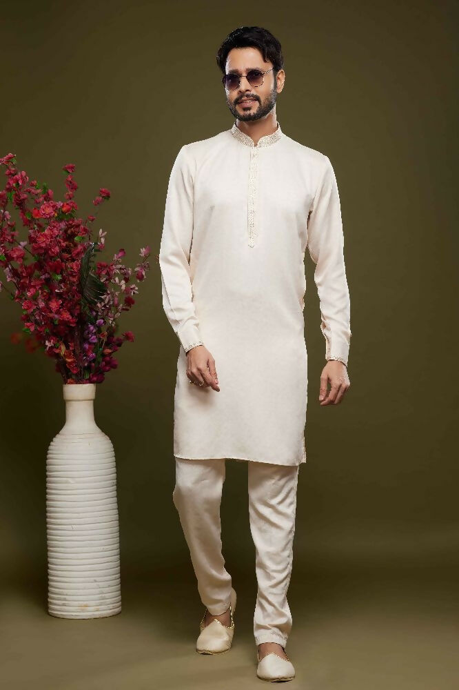 Raivat Ethnic Art Banarasi Silk Thread Work Kurta Pajama In Cream Colour | Grocsy