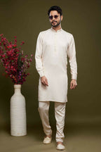 Raivat Ethnic Art Banarasi Silk Thread Work Kurta Pajama In Cream Colour | Grocsy