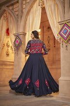 Navy Blue Viscose Rayon Thread Embroidered Work With Mirror All Over Navratri Lehenga Choli With Dupatta - Raas | Grocsy