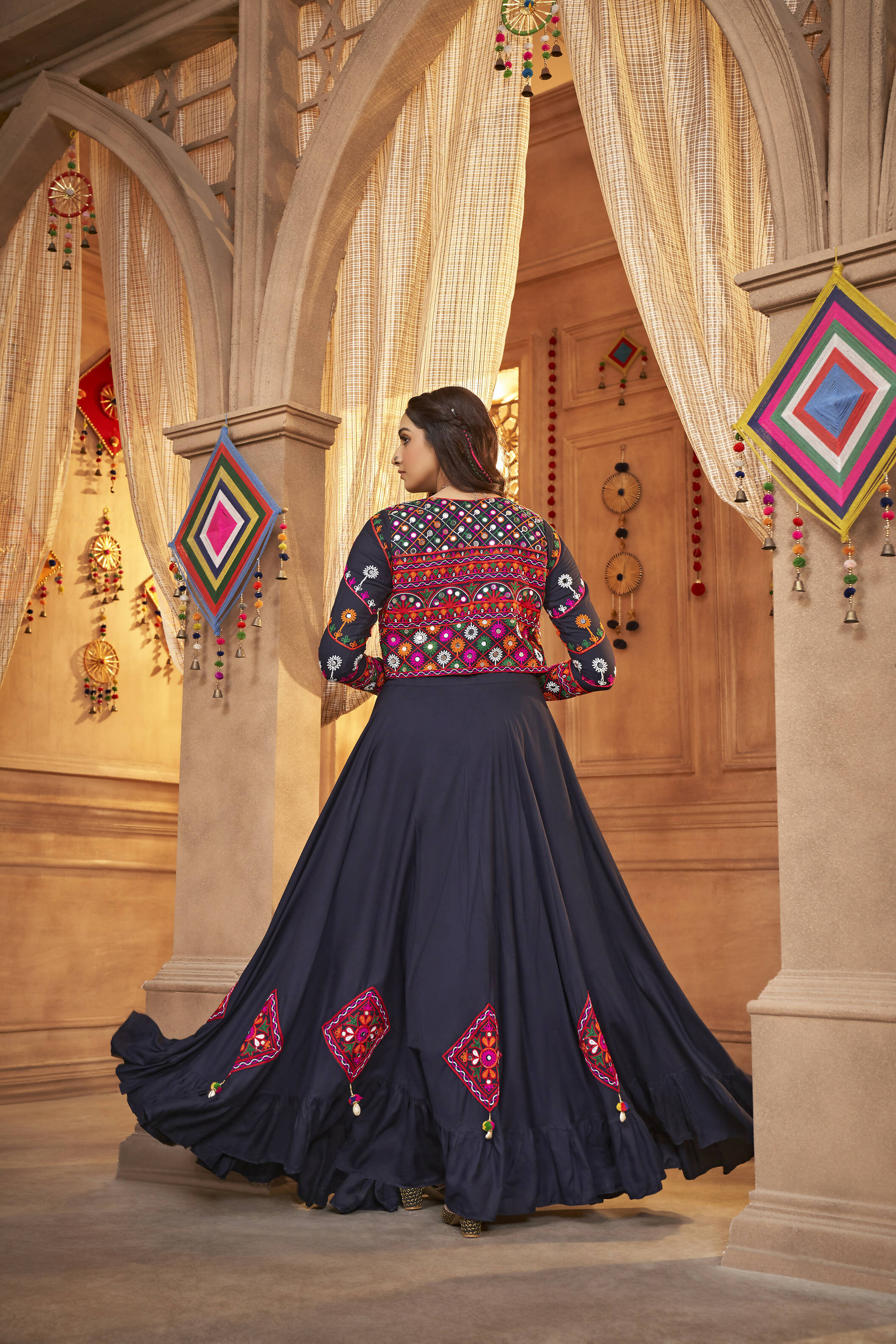Navy Blue Viscose Rayon Thread Embroidered Work With Mirror All Over Navratri Lehenga Choli With Dupatta - Raas | Grocsy