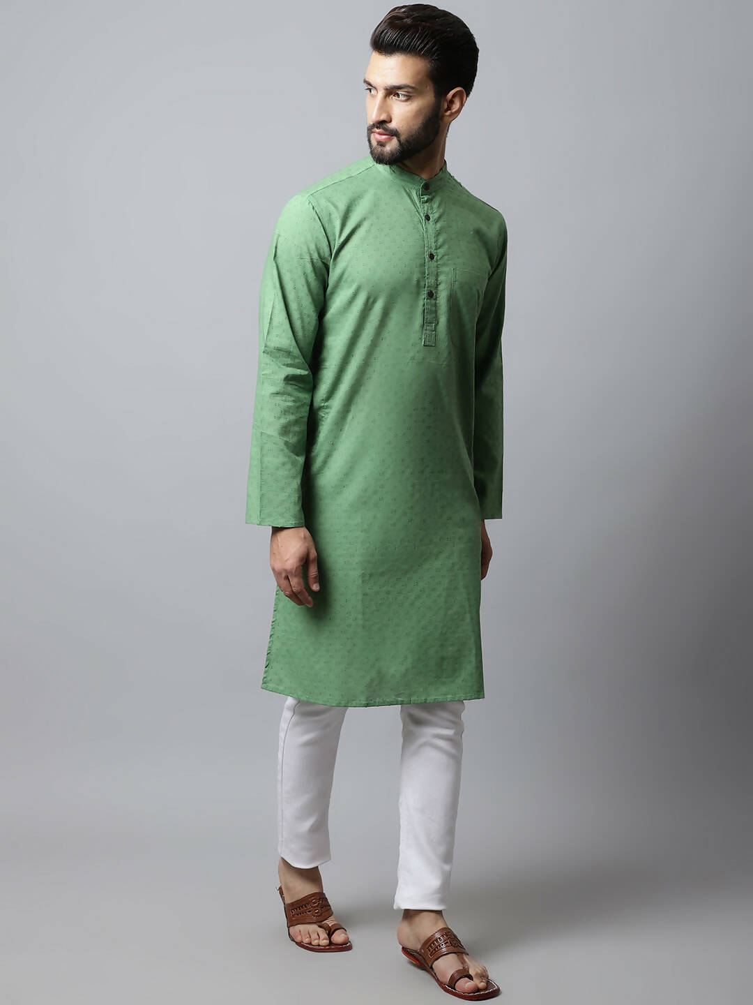 Even Apparels Green Color Pure Cotton Men's Kurta With Band Collar (SLD073) | Grocsy