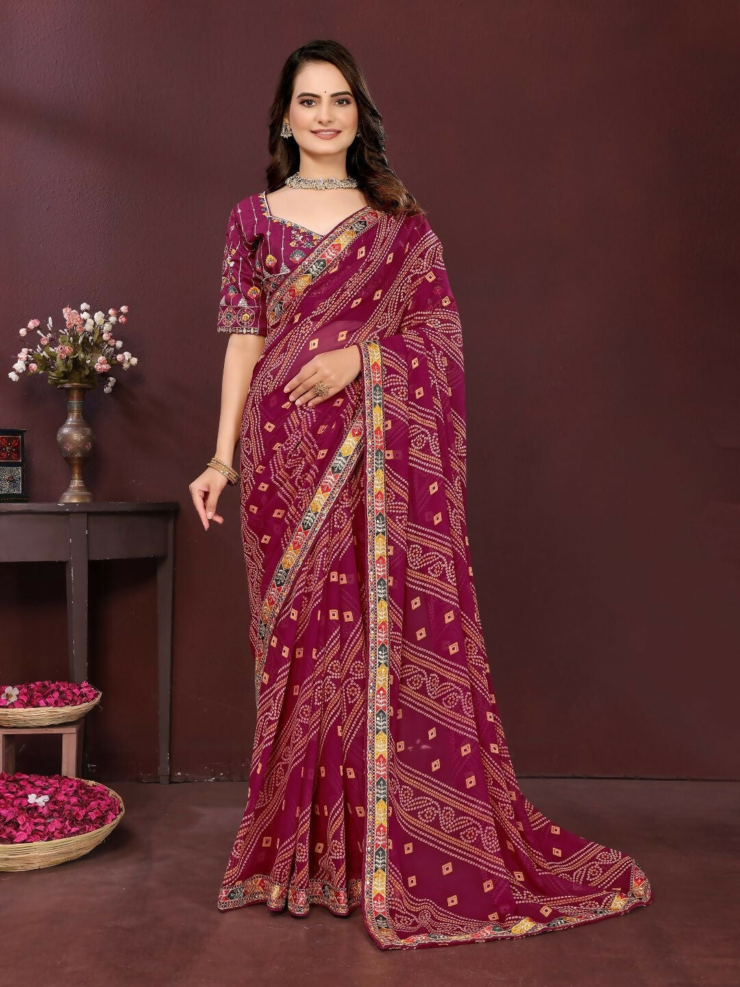 Ai Fashion Wine Georgette Digital Print Party Wear Saree | Grocsy