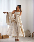 The52 Women's Gorgeous Jacquard Work Jacquard Silk Fabric Flared Anarkali Pant and Dupatta Set | Grocsy