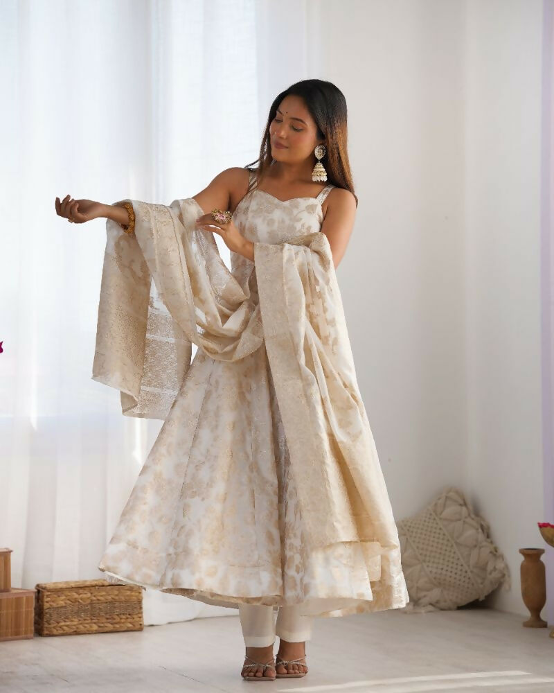 The52 Women's Gorgeous Jacquard Work Jacquard Silk Fabric Flared Anarkali Pant and Dupatta Set | Grocsy