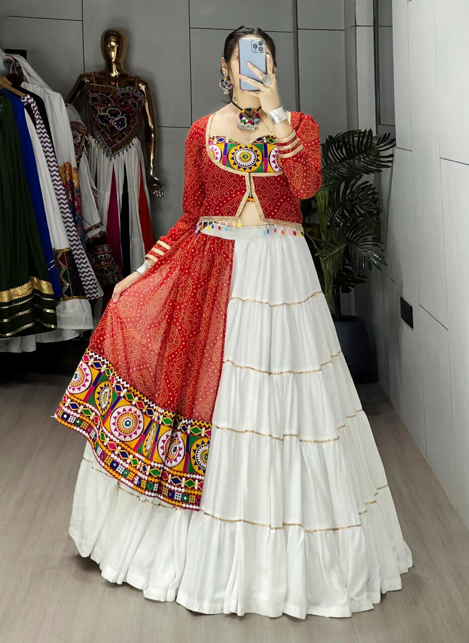 Yash Enterprise Red And White Rayon Cotton Embroidery Semi Stitched Navratri Top Chaniya Choli | Grocsy
