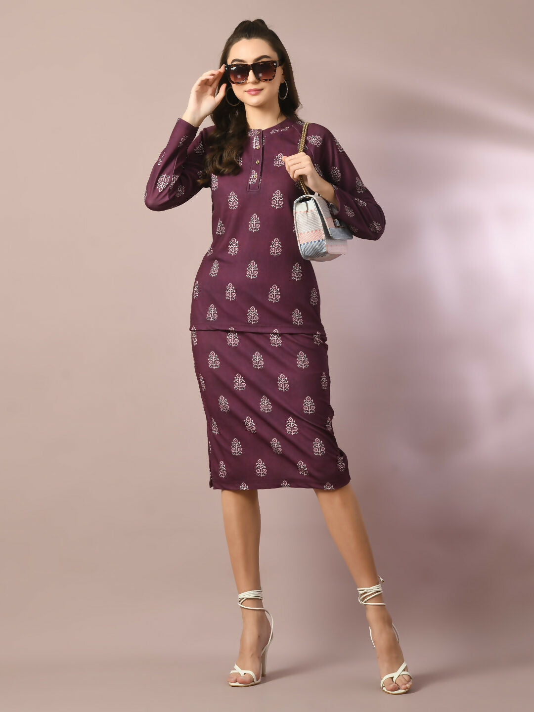 Myshka Women's Magenta Printed Round Neck Party Top With Skirt Co-ord set | Grocsy