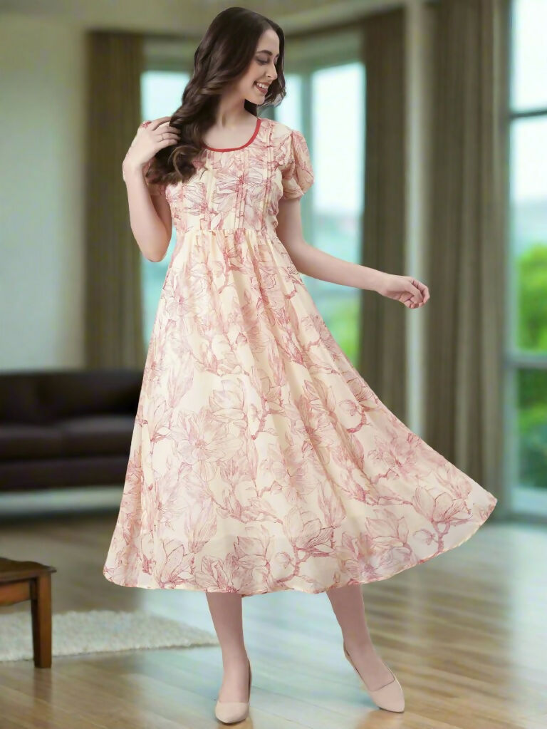 Souchii Cream & Red Floral Printed Fit & Flare Dress | Grocsy
