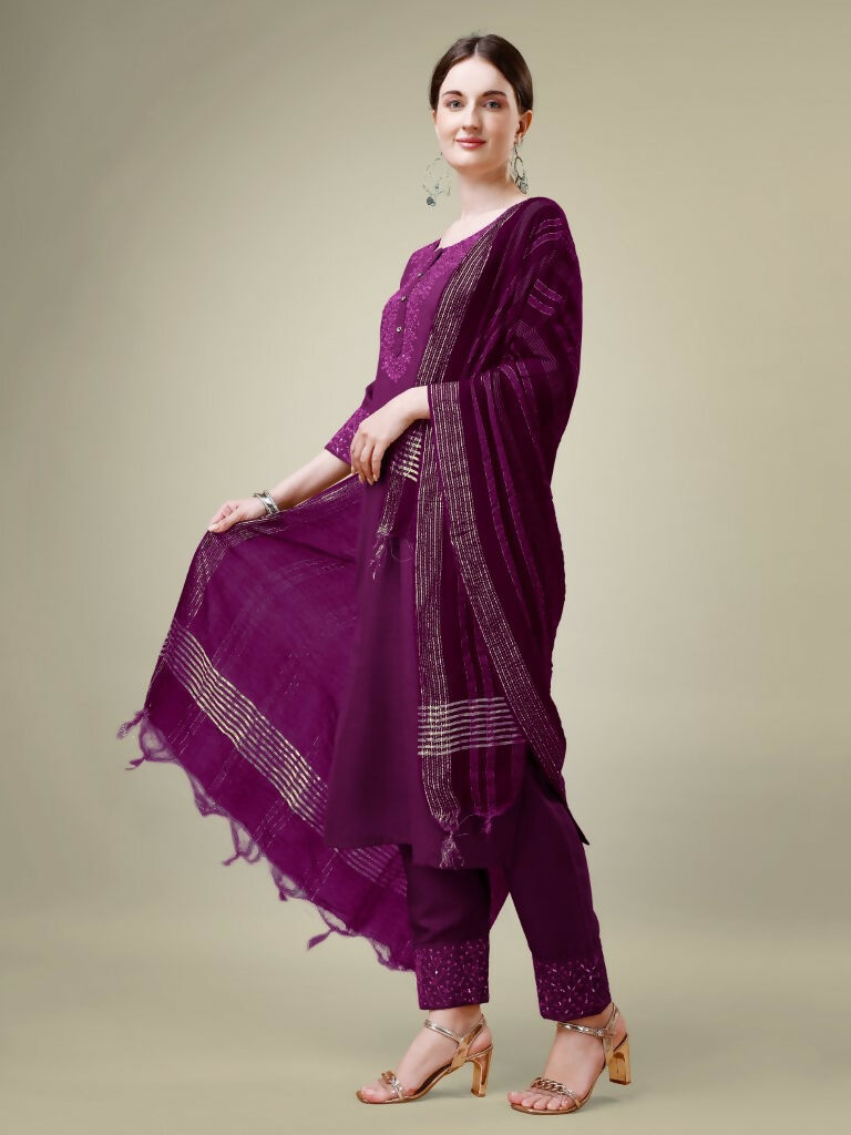 Jyoti Fashion Women's Purple Cotton Blend Embroidery & Sequence work Kurta with Trouser & Dupatta | Grocsy