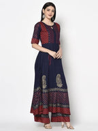 Aniyah Rayon Navy Blue Color Block Print Anarkali Palazzo Set (AN-176K) | Grocsy