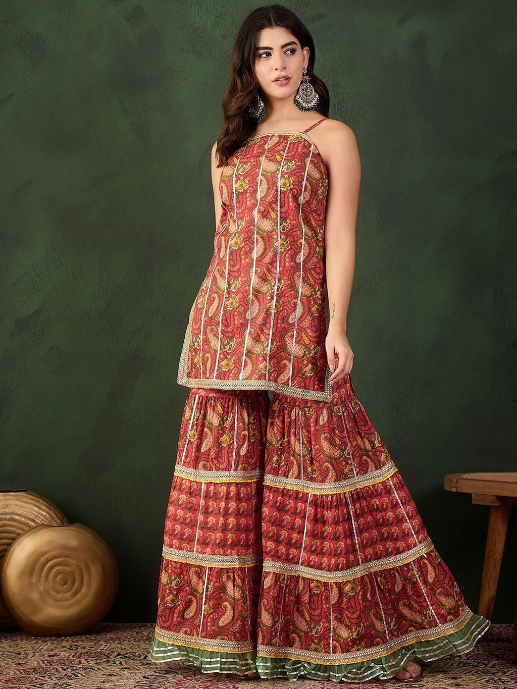 Sangria Printed Straight Kurta Sharara With Jacket Set | Grocsy