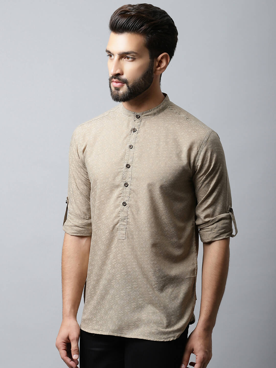 Even Apparels Beige Color Pure Cotton Men's Kurta With Band Collar (SLD072) | Grocsy