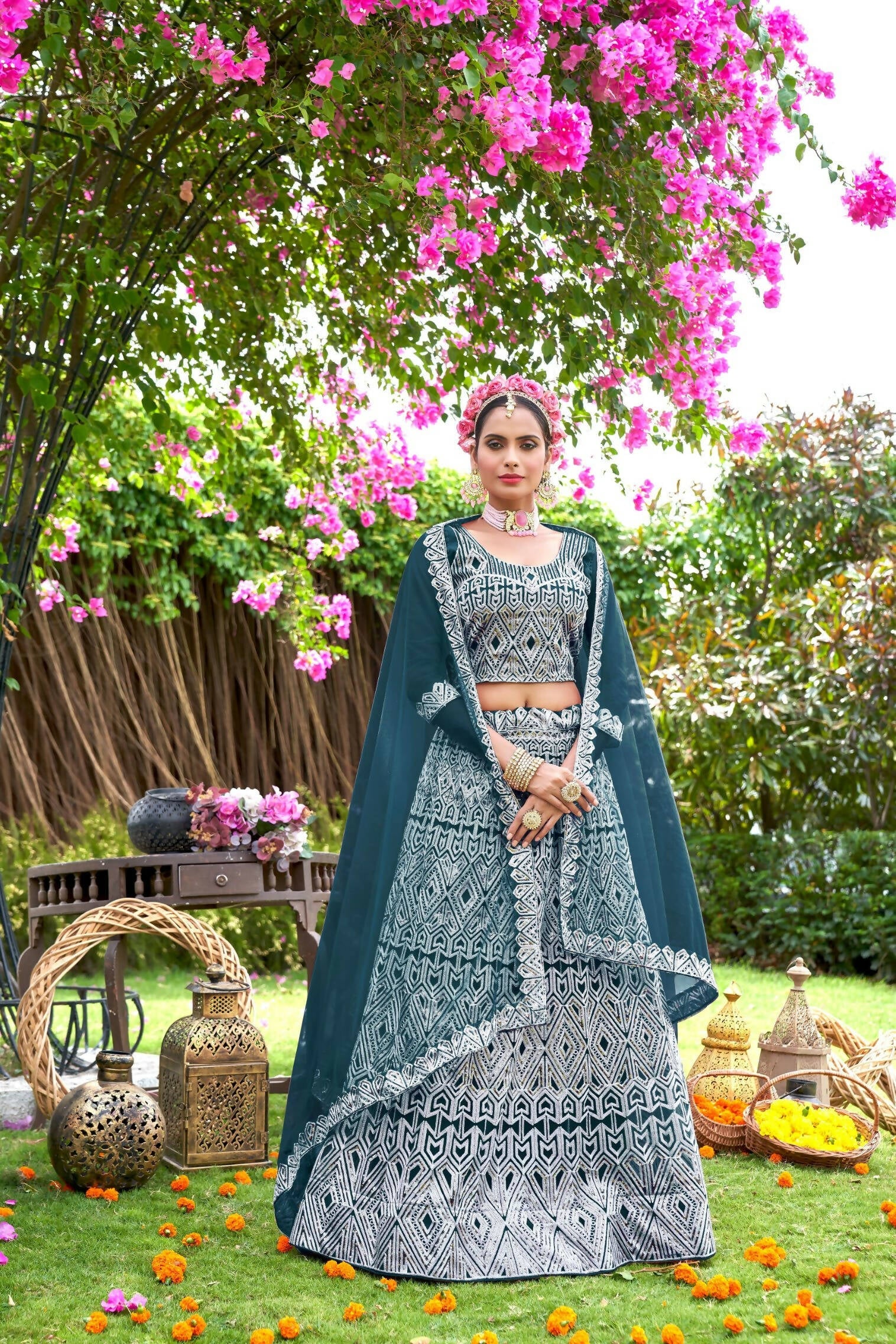 Teal Net Embroidered Semi Stitched Lehenga Choli with Dupatta - Bhagya | Grocsy