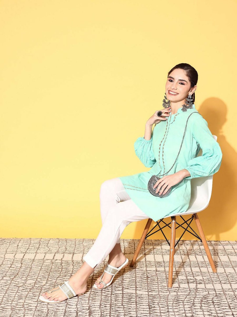 Ahalyaa Women Mint Green Pure Cotton Silver Print Tunic | Grocsy