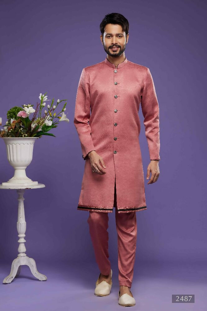 Raivat Ethnic Art Banarasi Silk Thread Work Kurta Pajama In Rust Pink Colour | Grocsy