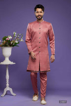 Raivat Ethnic Art Banarasi Silk Thread Work Kurta Pajama In Rust Pink Colour | Grocsy