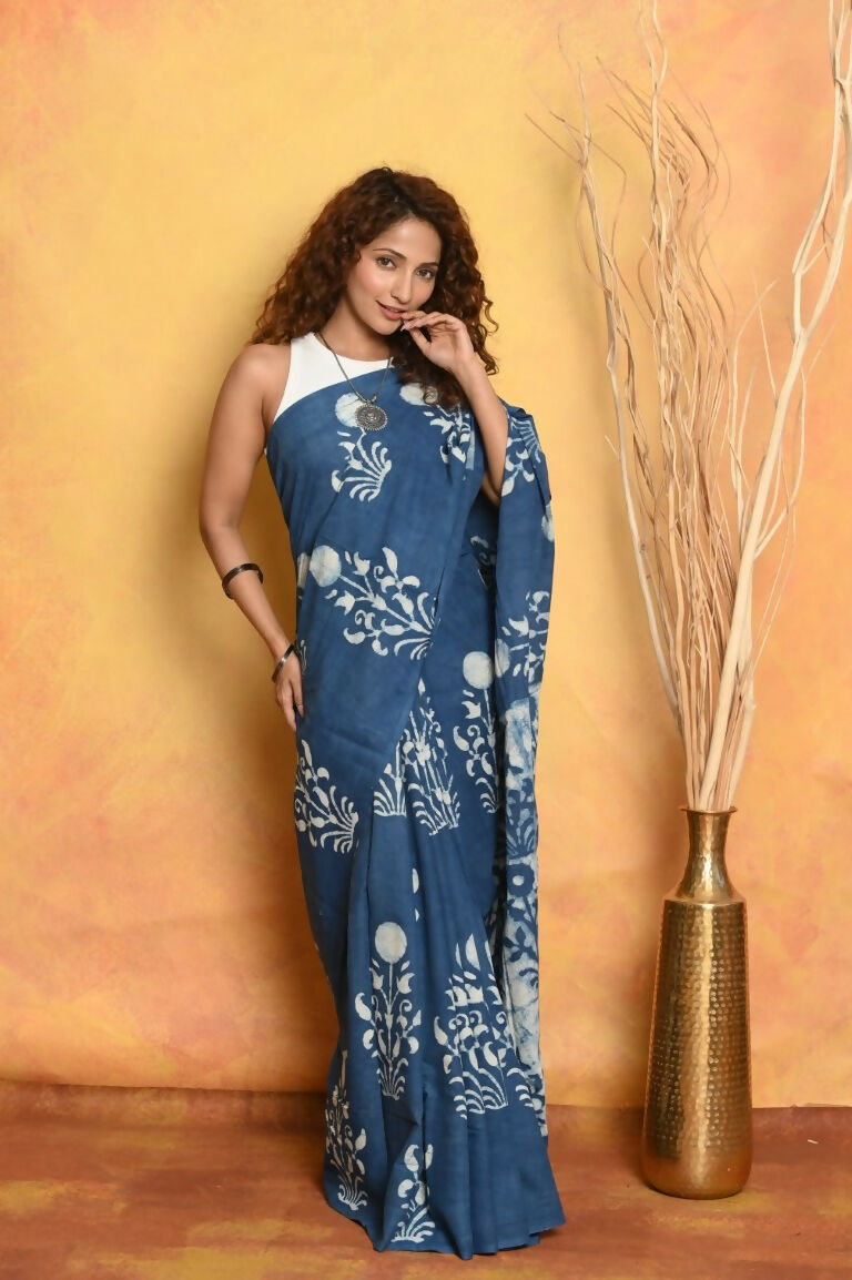 Very Much Indian Handblock Printed Cotton Saree With Natural Dyes - Cerulean Blue | Grocsy
