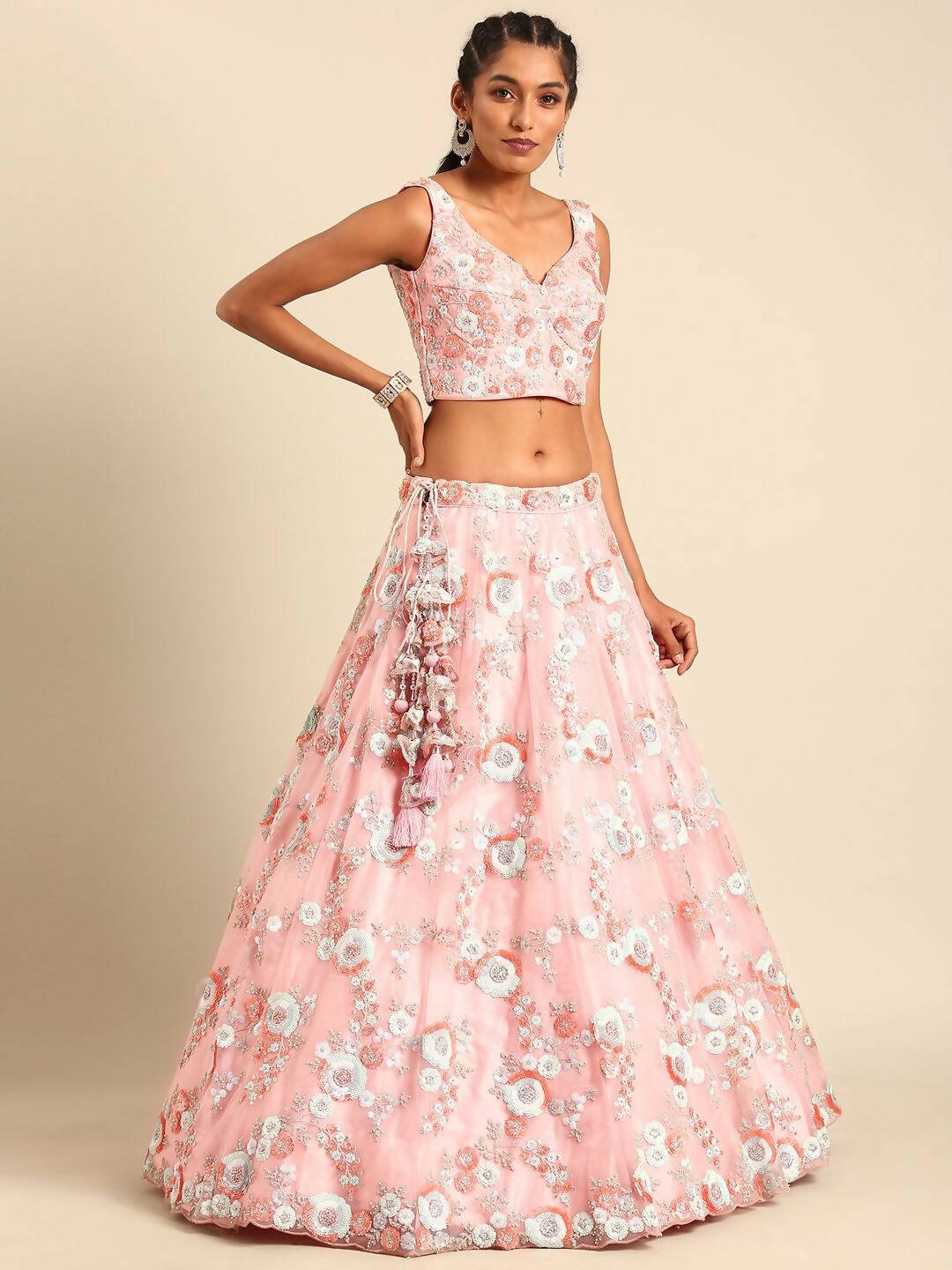 House of Panchhi Pink Net Sequins and Zarkan embroidery Lehenga choli & Dupatta | Grocsy
