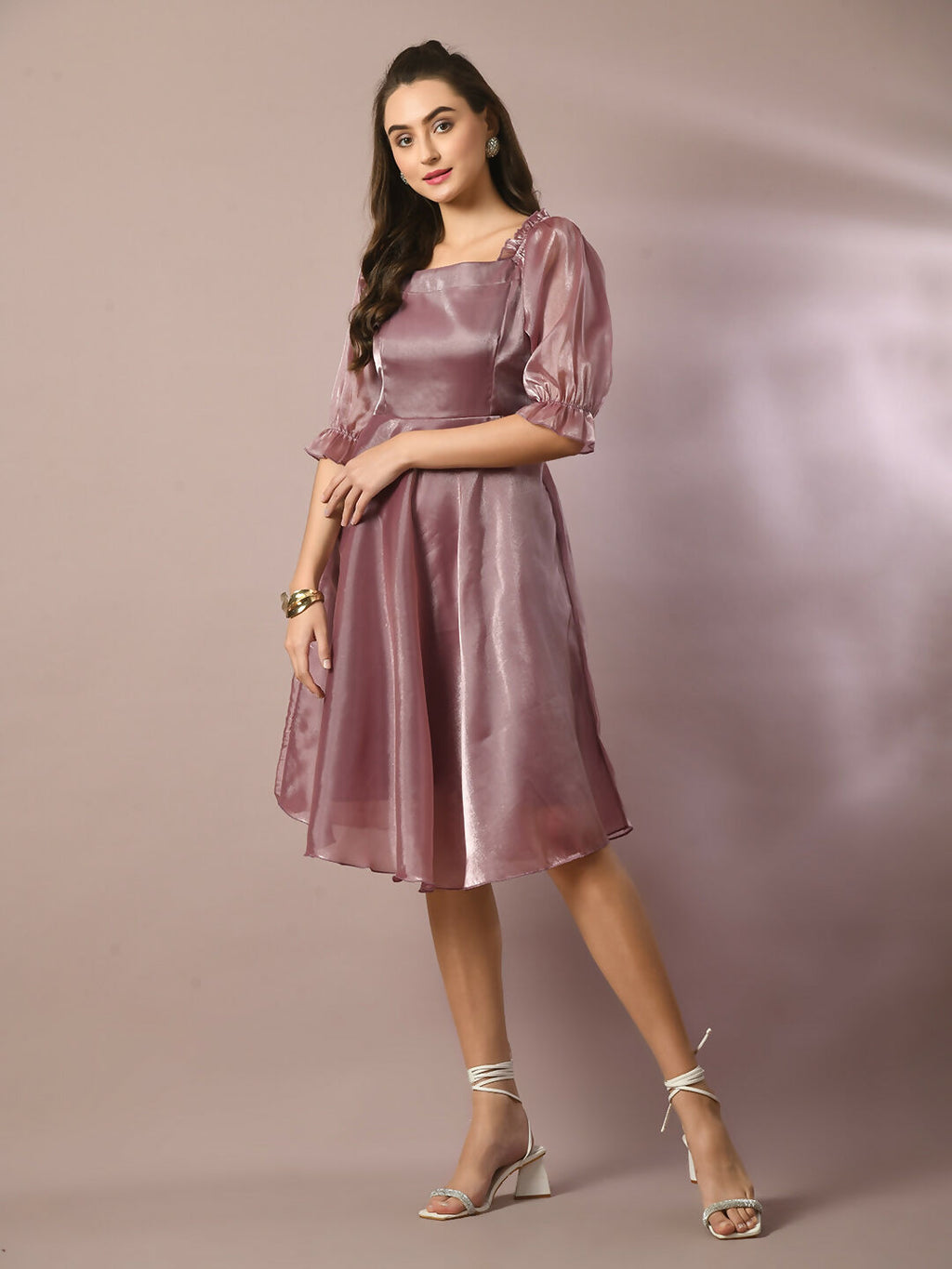 Myshka Women's Brown Solid Square Neck Fit and Flare Party Dress | Grocsy