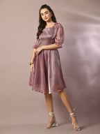 Myshka Women's Brown Solid Square Neck Fit and Flare Party Dress | Grocsy