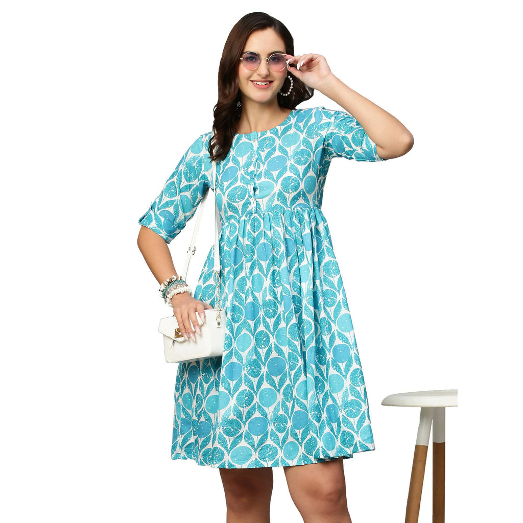 Blue & White Ethnic Motifs Printed Cotton A-Line Dress - Poonam | Grocsy