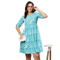 Blue & White Ethnic Motifs Printed Cotton A-Line Dress - Poonam | Grocsy