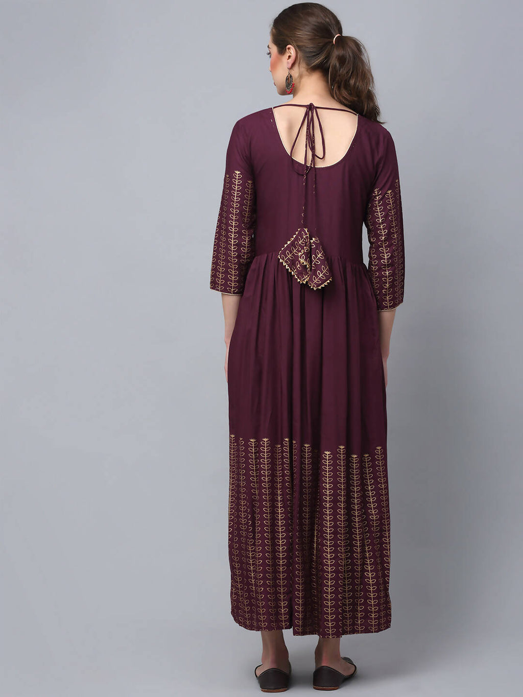 Rudra Bazaar Gold Printed A-Line Flared Brown Kurti | Grocsy