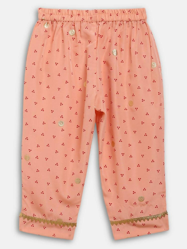 Ahalyaa Peach Crepe Gold Printed Kids Kurta Sets With Dupatta For Girls | Grocsy