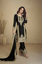 Vastranavya Gorgeous Black Faux Georgette with Embroidery 3mm Sequence & Coding Work Pakistani Straight Pant Suit | Grocsy