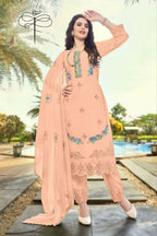 Jyoti Fashion Women's Peach Faux Georgette Heavy Embroidery and Moti Work Kurta Set | Grocsy