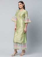 Ahalyaa Women's Light Green Poly Silk Gold Printed Kurta Palazzo Set | Grocsy