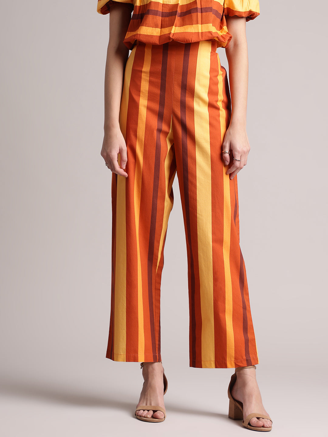 Zaccai Women's Brown Poplin Striped Co-Ords | Grocsy