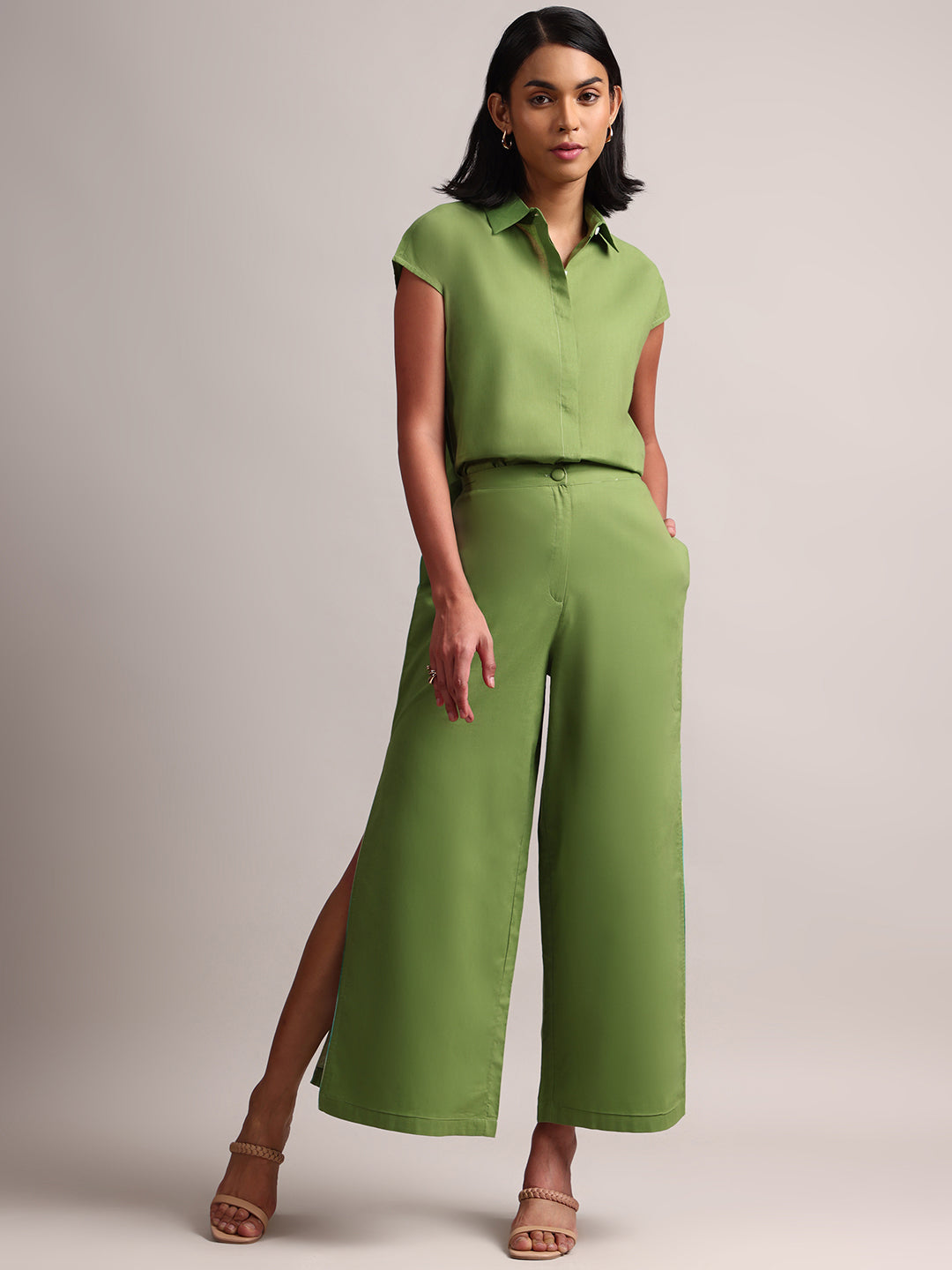 Zaccai Women's Green Cambric Solid Co-Ords | Grocsy