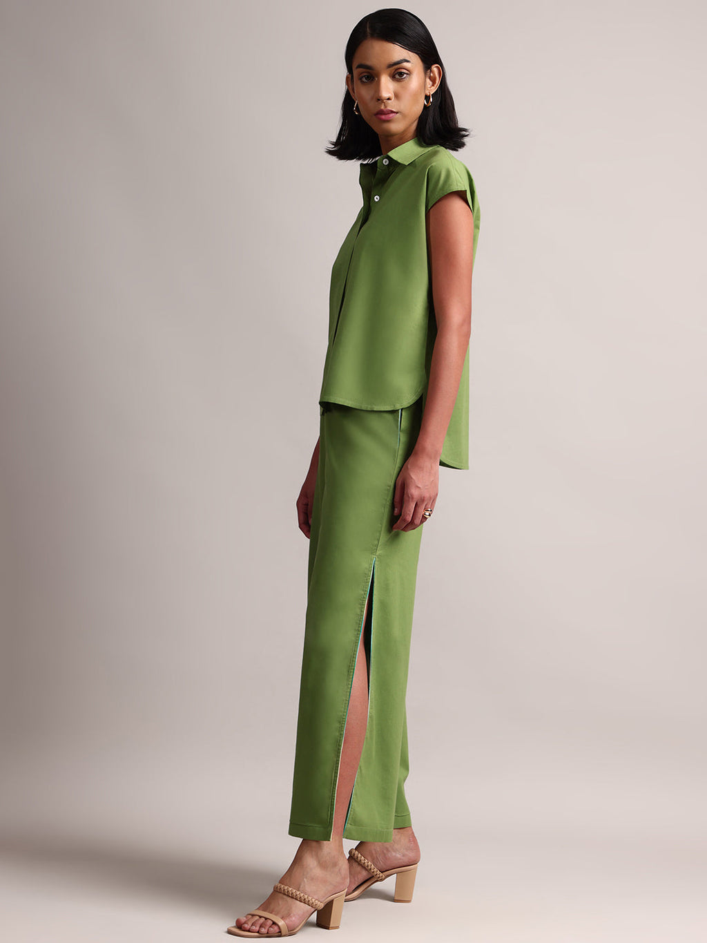 Zaccai Women's Green Cambric Solid Co-Ords | Grocsy