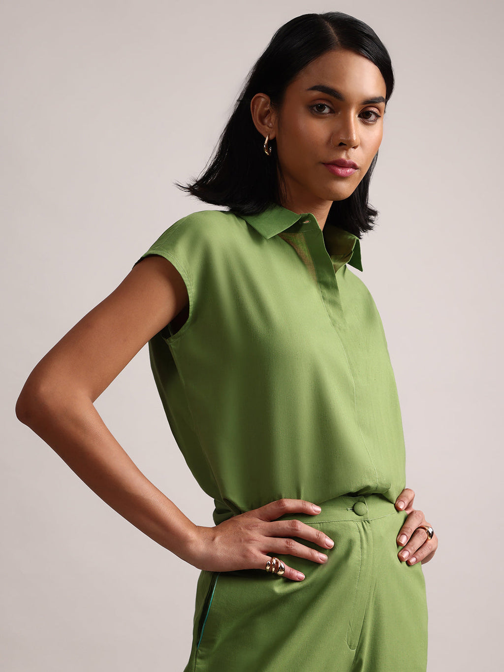 Zaccai Women's Green Cambric Solid Co-Ords | Grocsy