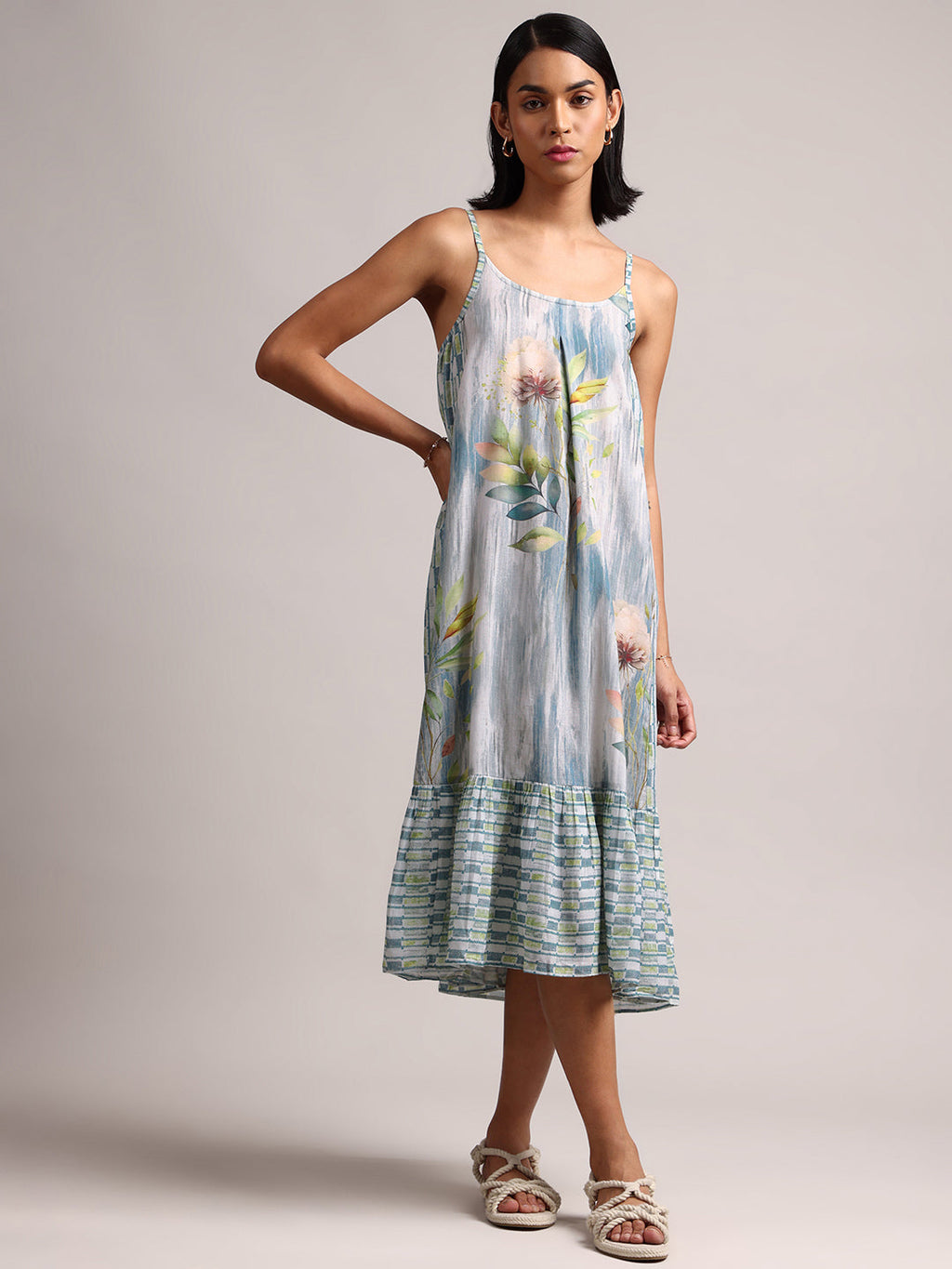 Zaccai Women's Blue Cotton Linen Tropical Dress | Grocsy