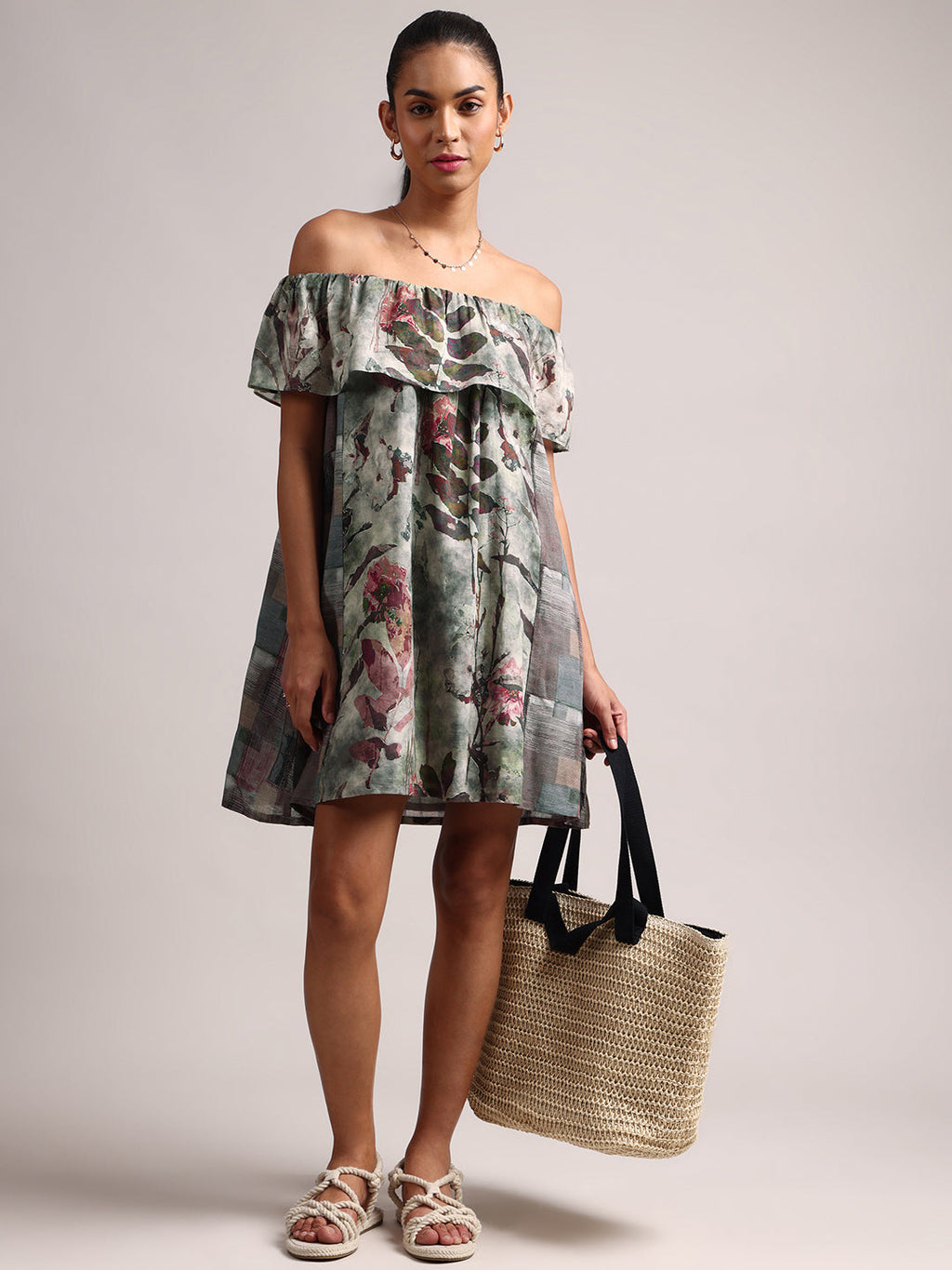 Zaccai Women's Grey Cotton Linen Floral Dress | Grocsy