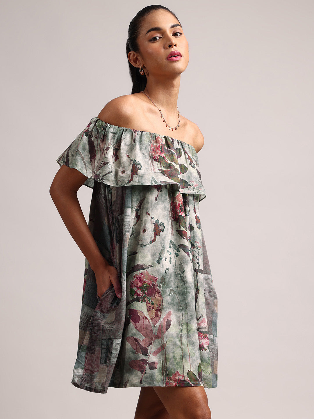 Zaccai Women's Grey Cotton Linen Floral Dress | Grocsy