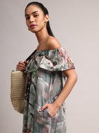 Zaccai Women's Grey Cotton Linen Floral Dress | Grocsy