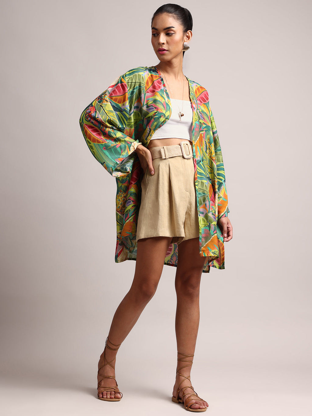Zaccai Women's Green Muslin Tropical Shrug | Grocsy