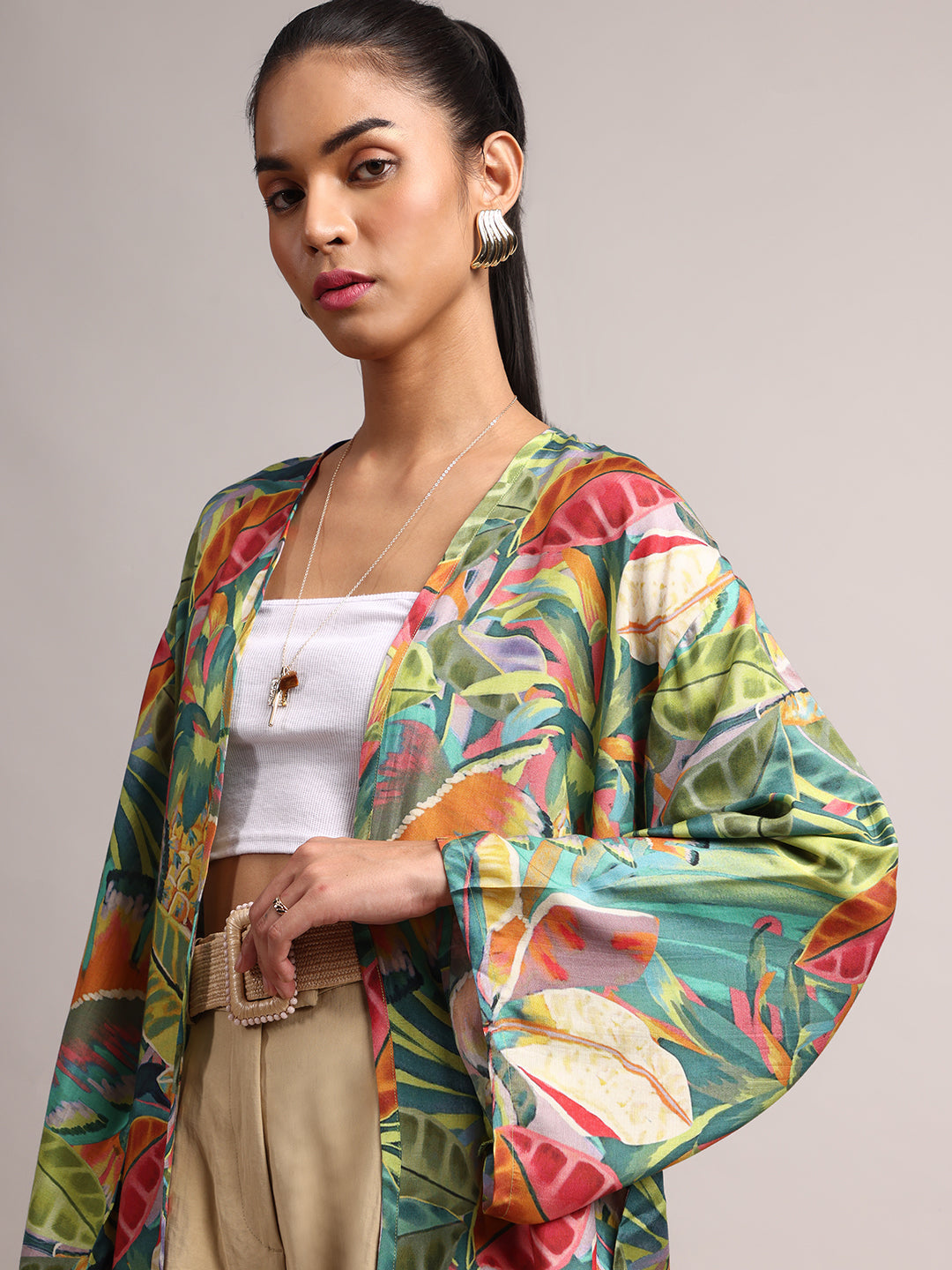 Zaccai Women's Green Muslin Tropical Shrug | Grocsy